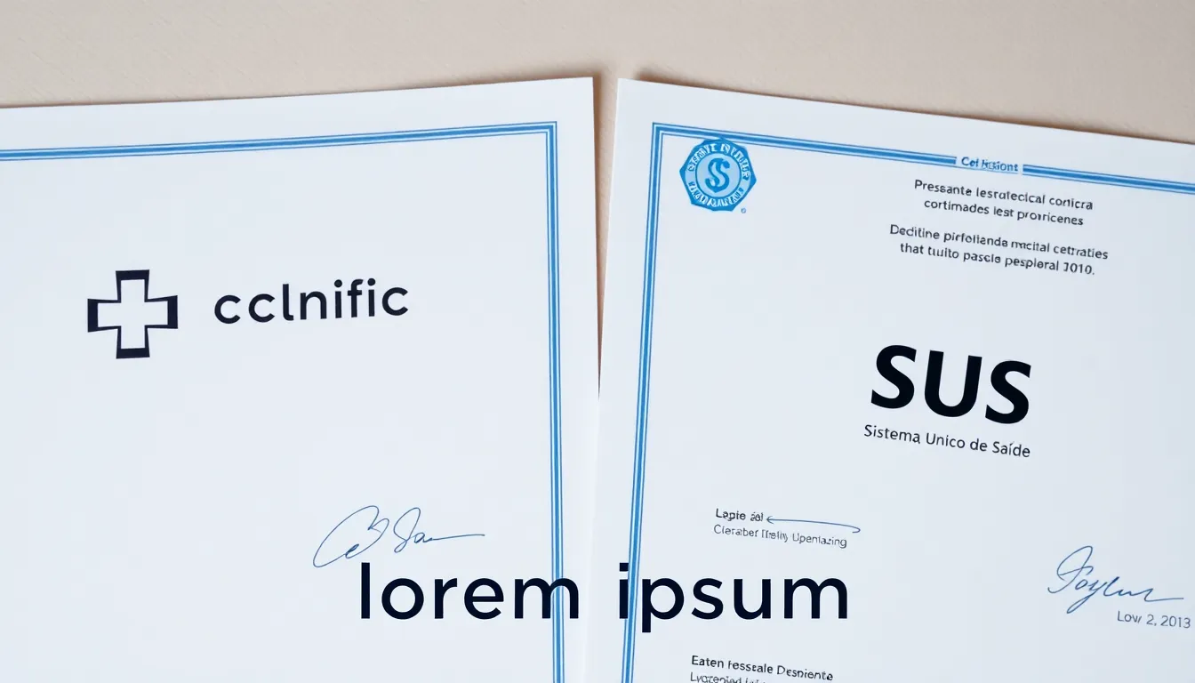 Comparação visual entre um atestado médico do SUS e um particular, ambos com aparência oficial e válida.